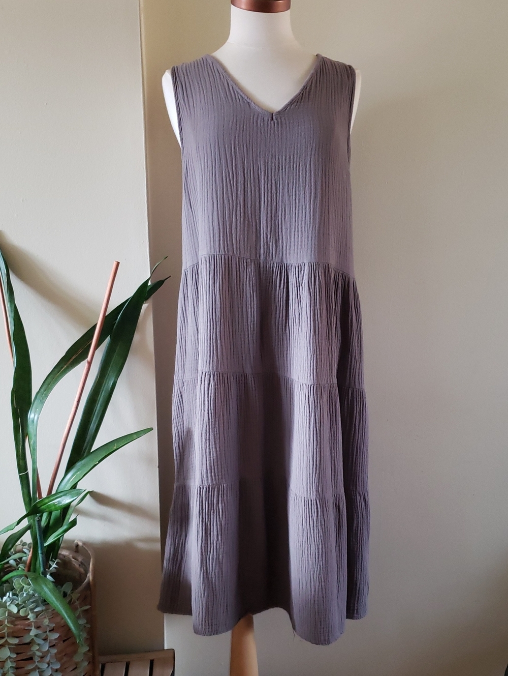 PISTACHE Gauze Tiered Cotton V Neck Dress - Taupe - XL